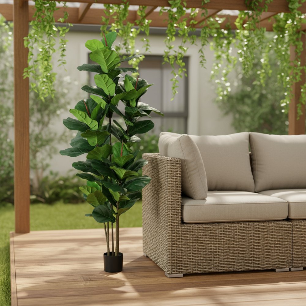7" Green Artificial Fiddle Leaf In Cylindrical Black Cement Pot HomeRoots