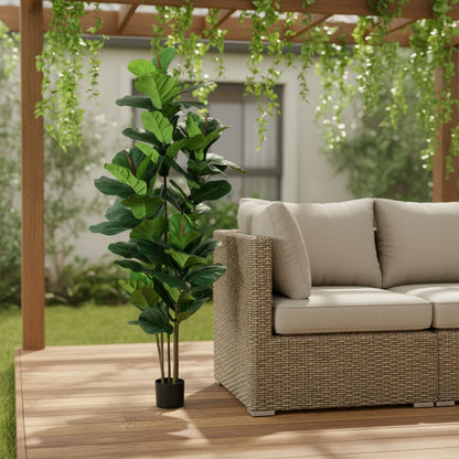 7" Green Artificial Fiddle Leaf In Cylindrical Black Cement Pot HomeRoots