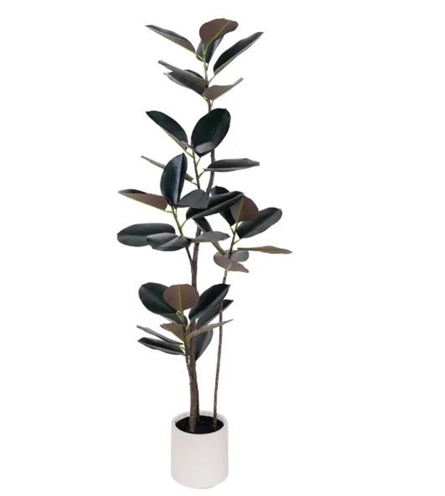 71" Black Artificial Rubber Tree In Cylindrical White Cement Pot HomeRoots
