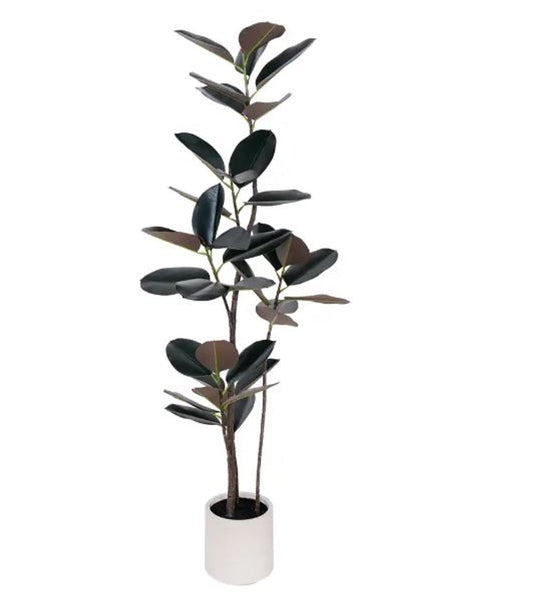 71" Black Artificial Rubber Tree In Cylindrical White Cement Pot HomeRoots