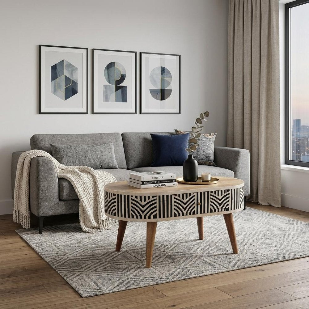32" Black Bone and Oak Bone Inlay and Solid Wood Oval Coffee Table With Two Drawers — view 10