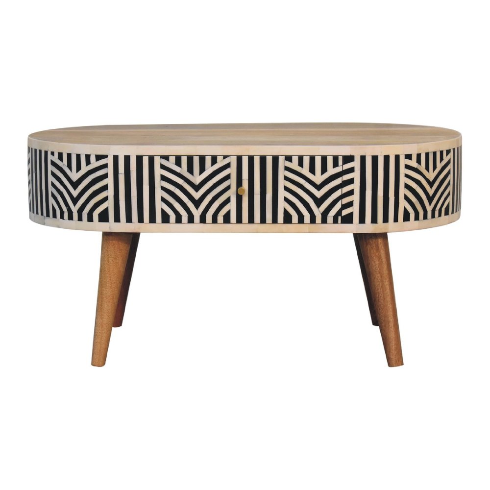 32" Black Bone and Oak Bone Inlay and Solid Wood Oval Coffee Table With Two Drawers — view 1