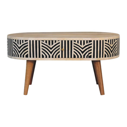 32" Black Bone and Oak Bone Inlay and Solid Wood Oval Coffee Table With Two Drawers HomeRoots