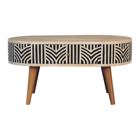 32" Black Bone and Oak Bone Inlay and Solid Wood Oval Coffee Table With Two Drawers