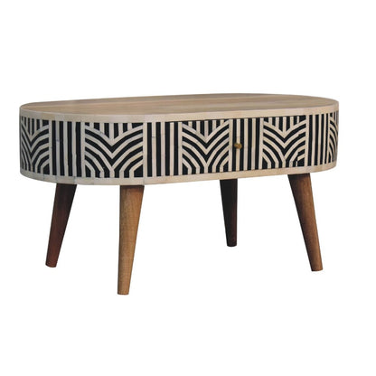 32" Black Bone and Oak Bone Inlay and Solid Wood Oval Coffee Table With Two Drawers HomeRoots