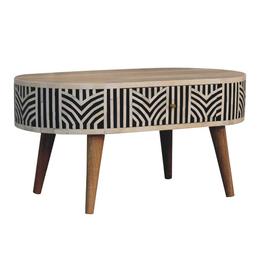 32" Black Bone and Oak Bone Inlay and Solid Wood Oval Coffee Table With Two Drawers