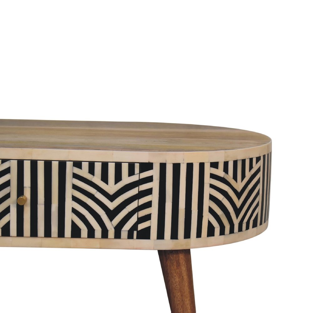 32" Black Bone and Oak Bone Inlay and Solid Wood Oval Coffee Table With Two Drawers — view 3