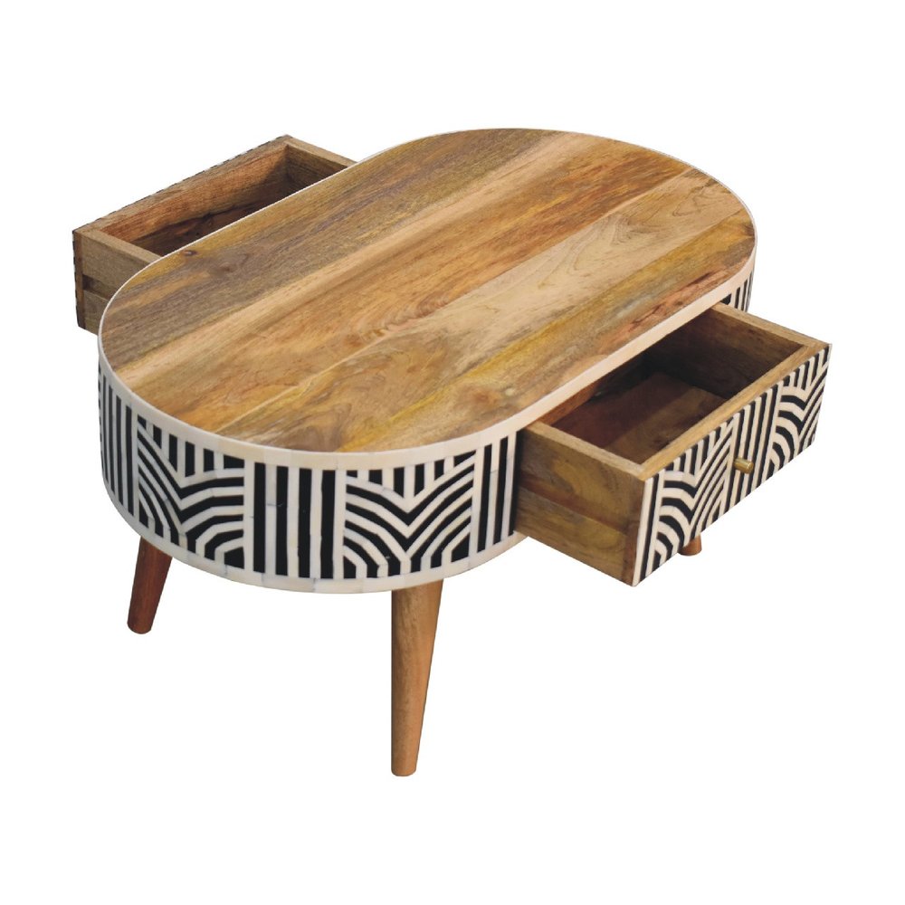 32" Black Bone and Oak Bone Inlay and Solid Wood Oval Coffee Table With Two Drawers — view 7