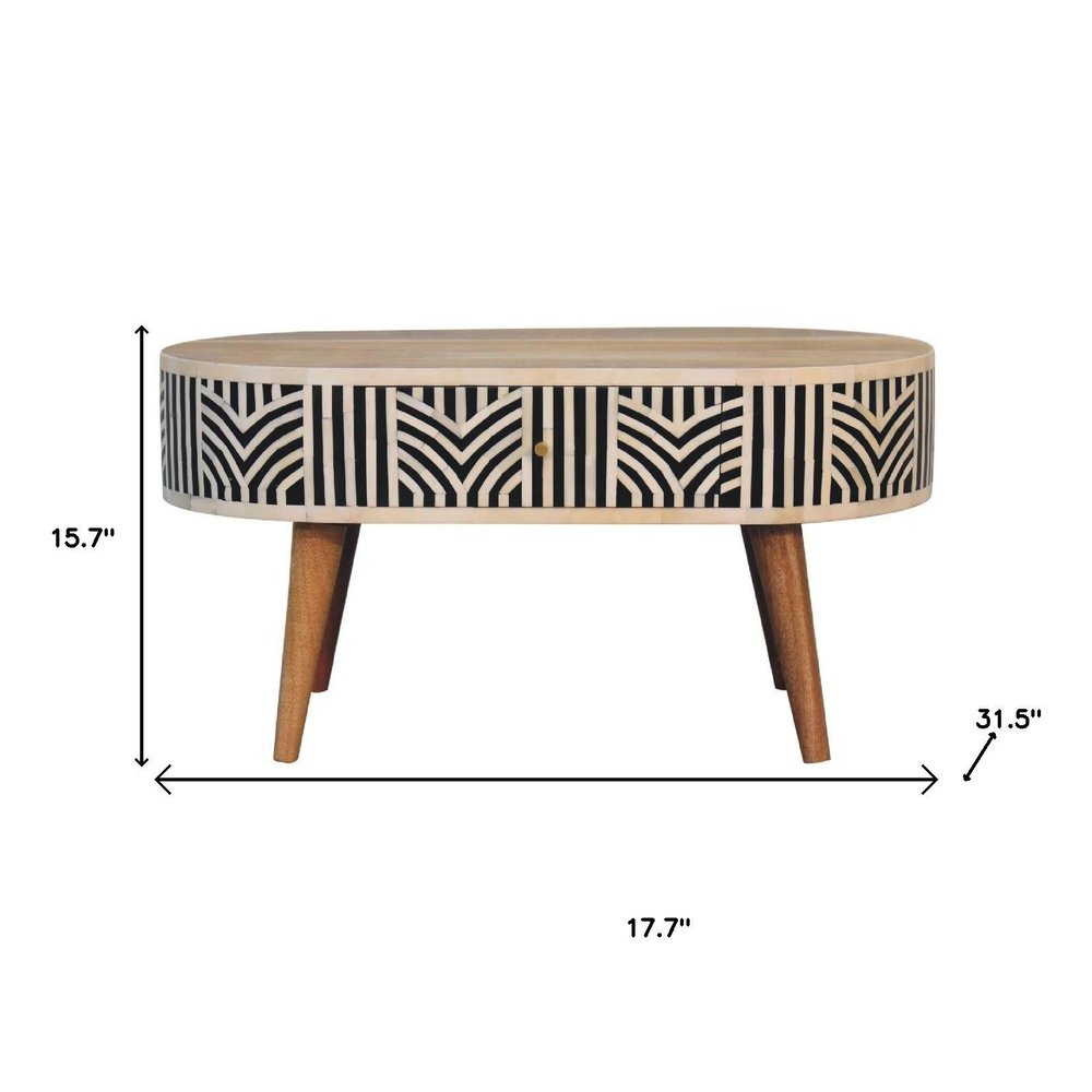 32" Black Bone and Oak Solid Wood Oval Coffee Table With Two Drawers HomeRoots
