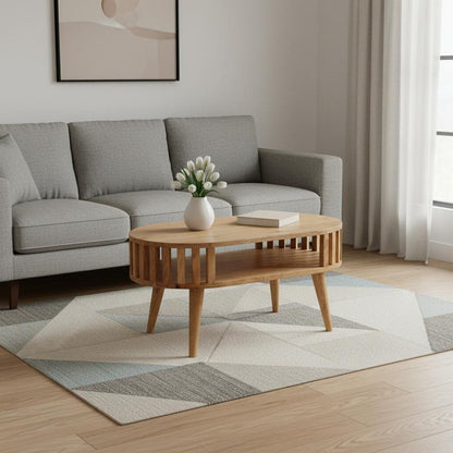 32" Oak Solid Wood Oval Coffee Table With Shelf HomeRoots