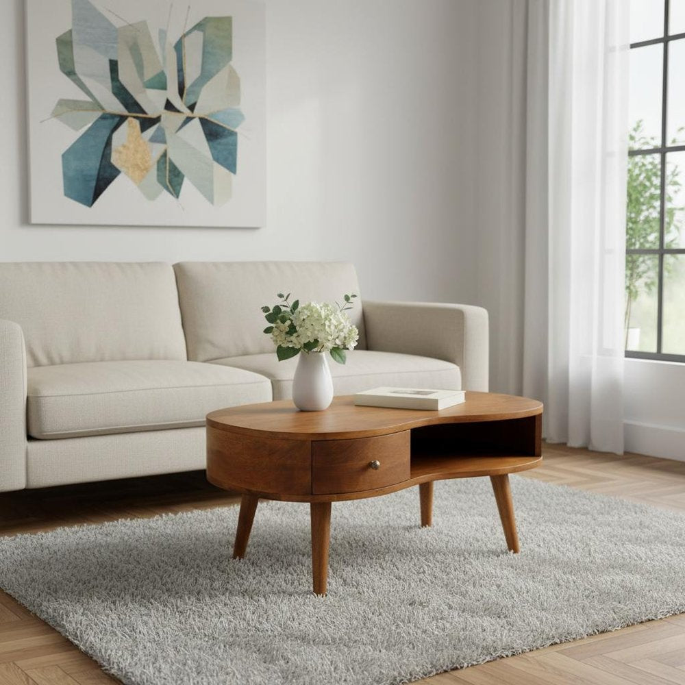 32" Chestnut Solid Wood Free Form Coffee Table With Drawer And Shelf HomeRoots