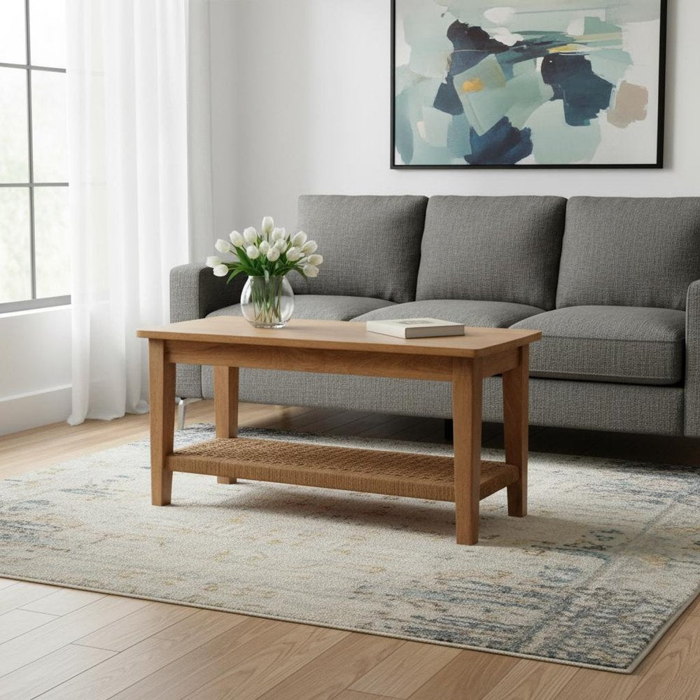 35" Oak Solid Wood Coffee Table With Shelf HomeRoots