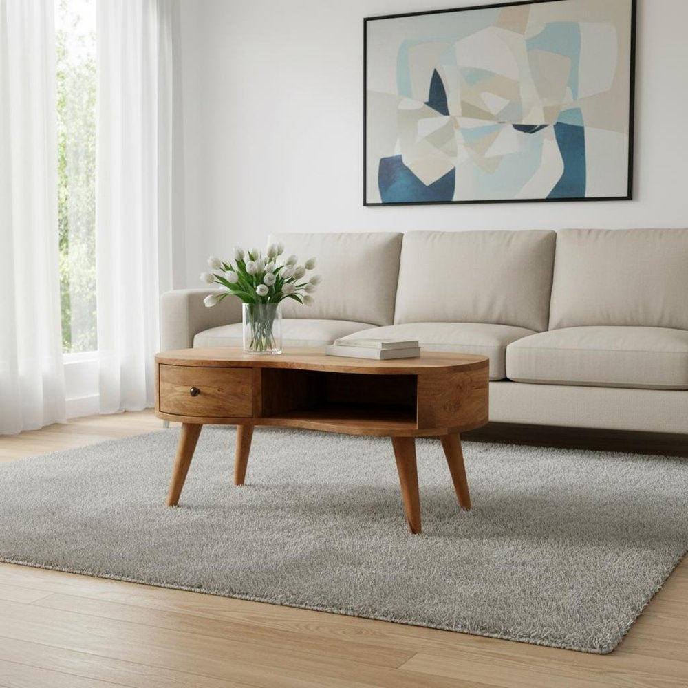 32" Oak Solid Wood Free Form Coffee Table With Drawer And Shelf HomeRoots