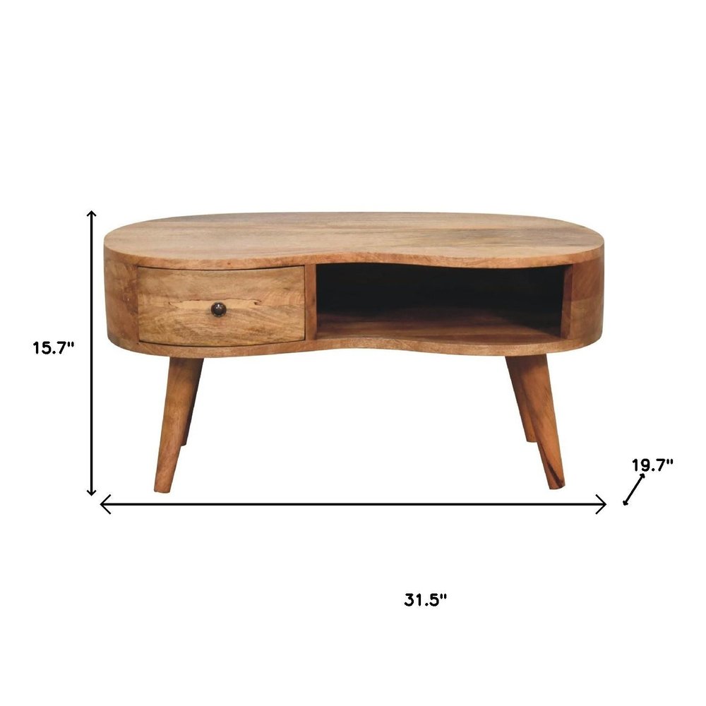 32" Oak Solid Wood Free Form Coffee Table With Drawer And Shelf HomeRoots