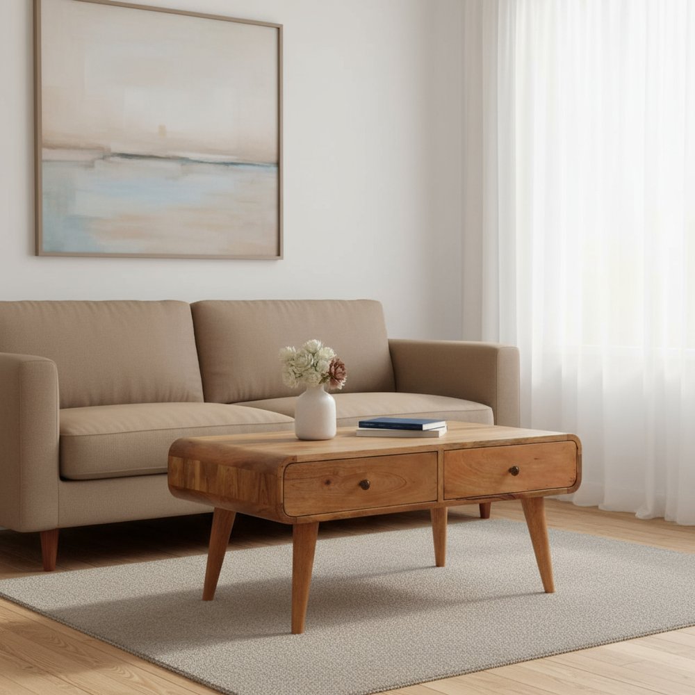 34" Oak Solid Wood Coffee Table With Two Drawers HomeRoots