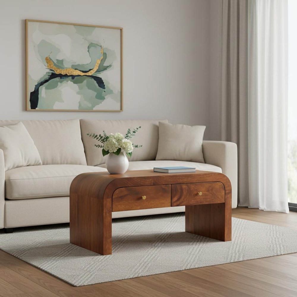 32" Chestnut Solid Wood Solid Coffee Table With Two Drawers HomeRoots