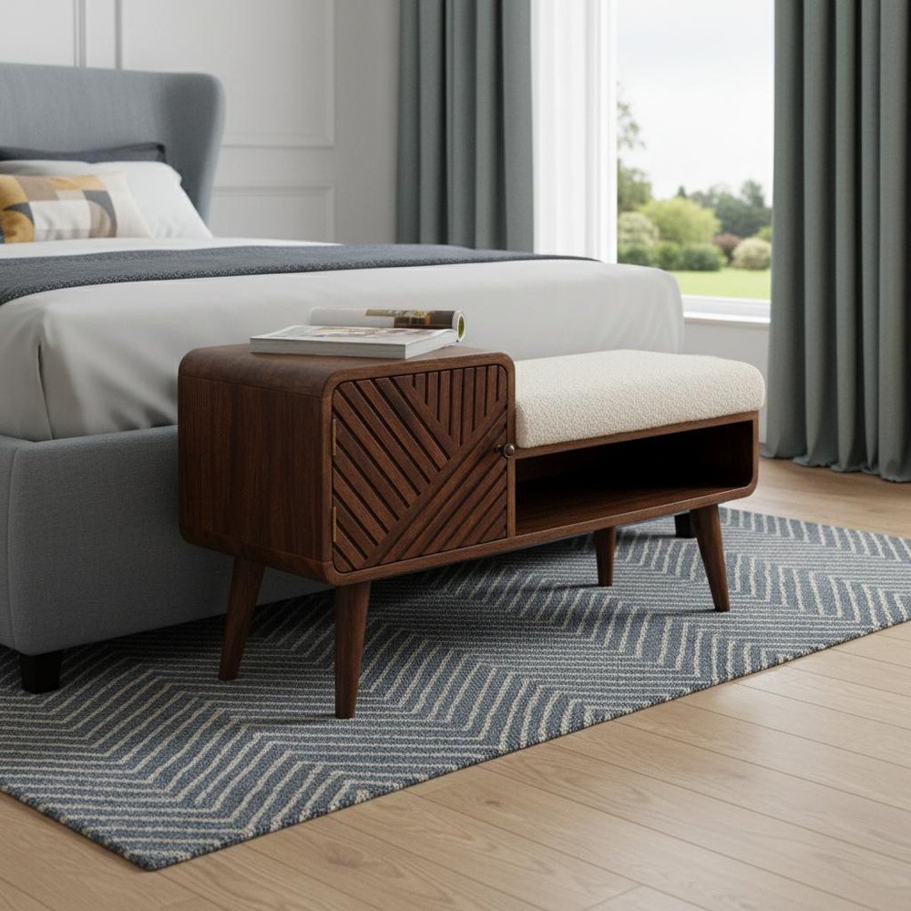 35" Cream And Chestnut Boucle And Solid Wood Upholstered Storage Bench With Cabinet And Shelves — view 10