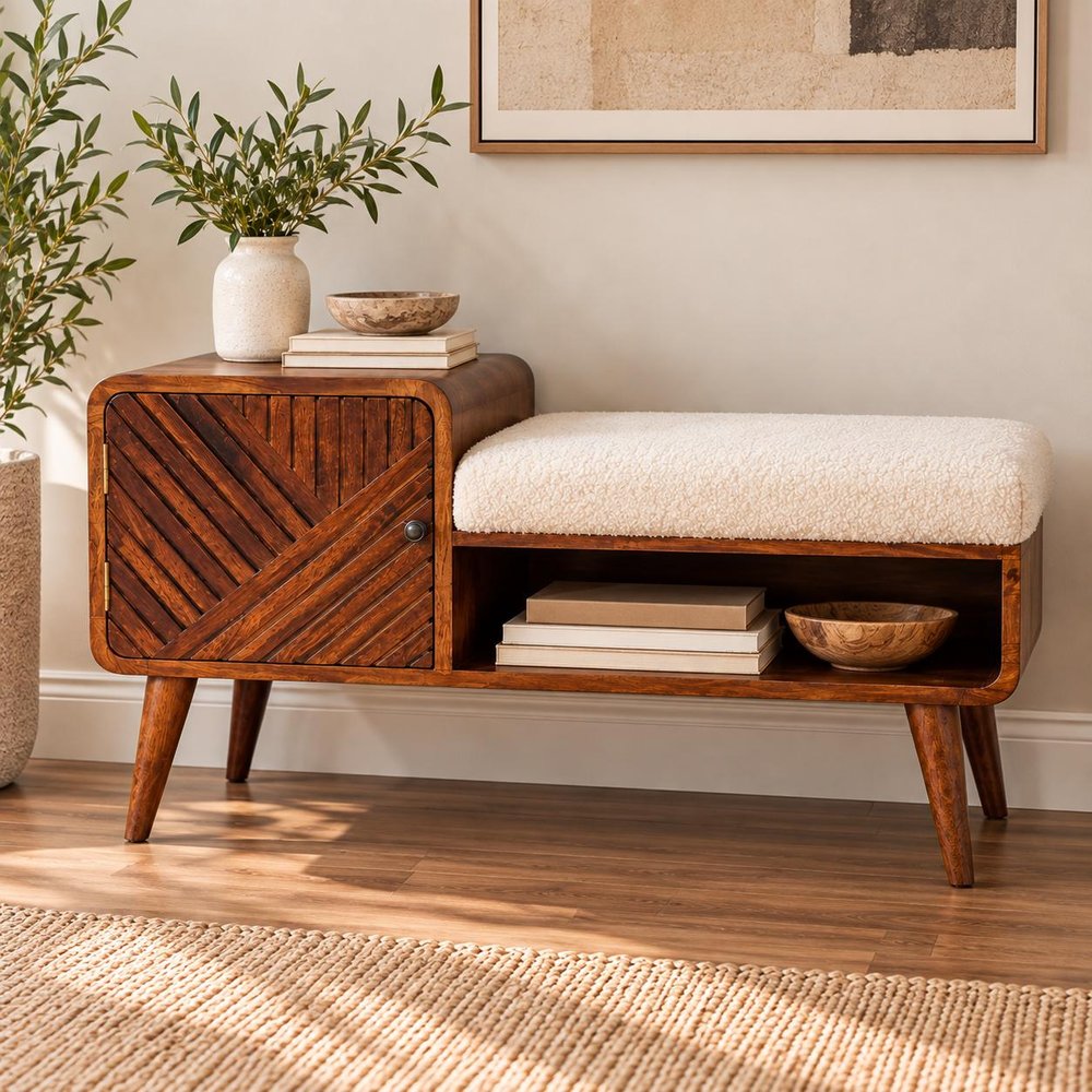 35" Cream And Chestnut Boucle And Solid Wood Upholstered Storage Bench With Cabinet And Shelves — view 11