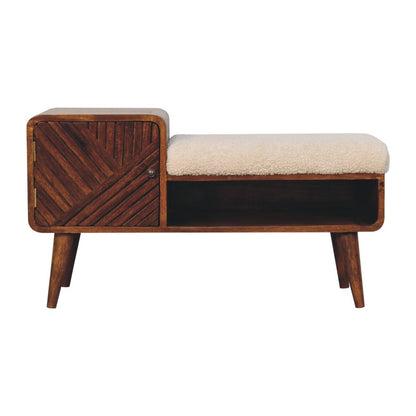 35" Cream and Chestnut Boucle and Solid Wood Upholstered Bench With Cabinet And Shelf HomeRoots