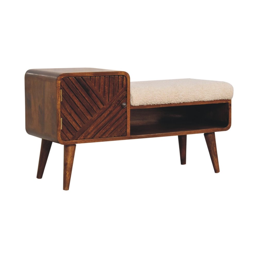 35" Cream and Chestnut Boucle and Solid Wood Upholstered Bench With Cabinet And Shelf HomeRoots