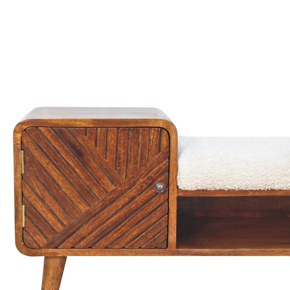 35" Cream And Chestnut Boucle And Solid Wood Upholstered Storage Bench With Cabinet And Shelves — view 3