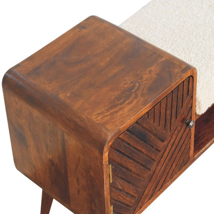 35" Cream and Chestnut Boucle and Solid Wood Upholstered Bench With Cabinet And Shelf HomeRoots