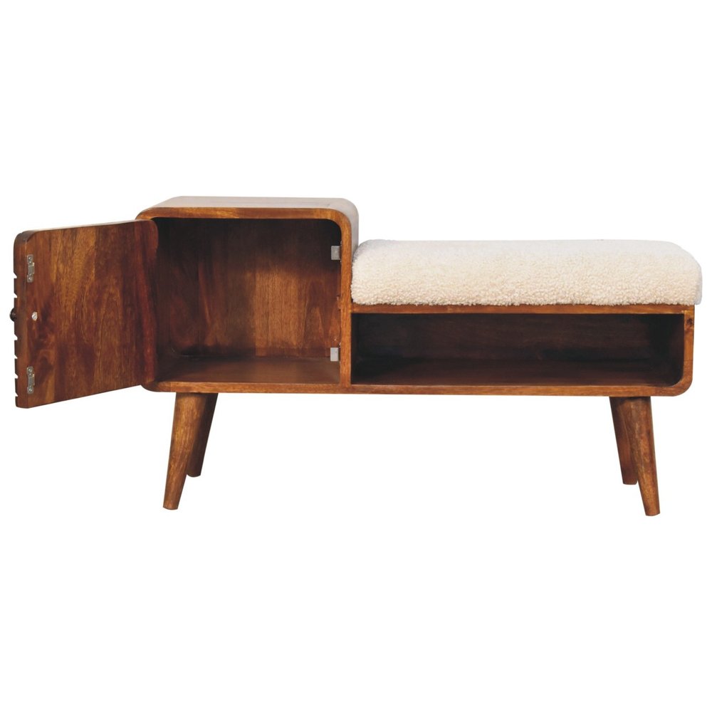 35" Cream and Chestnut Boucle and Solid Wood Upholstered Bench With Cabinet And Shelf HomeRoots