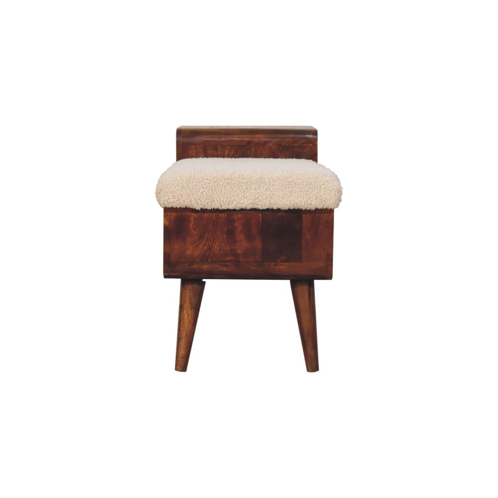 35" Cream and Chestnut Boucle and Solid Wood Upholstered Bench With Cabinet And Shelf — view 8