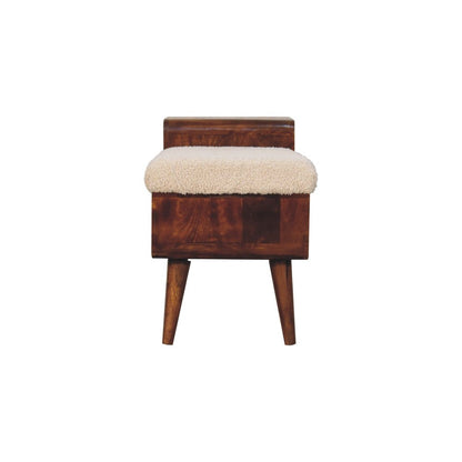35" Cream and Chestnut Boucle and Solid Wood Upholstered Bench With Cabinet And Shelf HomeRoots