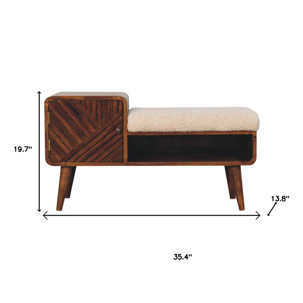 35" Cream and Chestnut Boucle and Solid Wood Upholstered Bench With Cabinet And Shelf — view 9