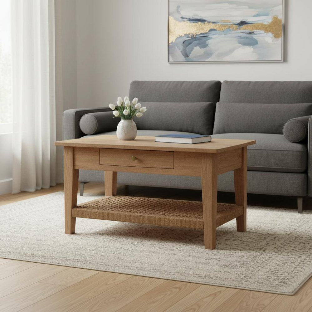 32" Oak Solid Wood Floor Shelf Coffee Table With Drawer And Shelf HomeRoots