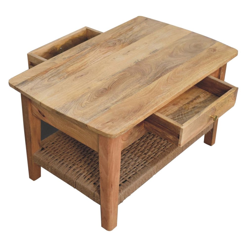 32" Oak Solid Wood Floor Shelf Coffee Table With Drawer And Shelf HomeRoots