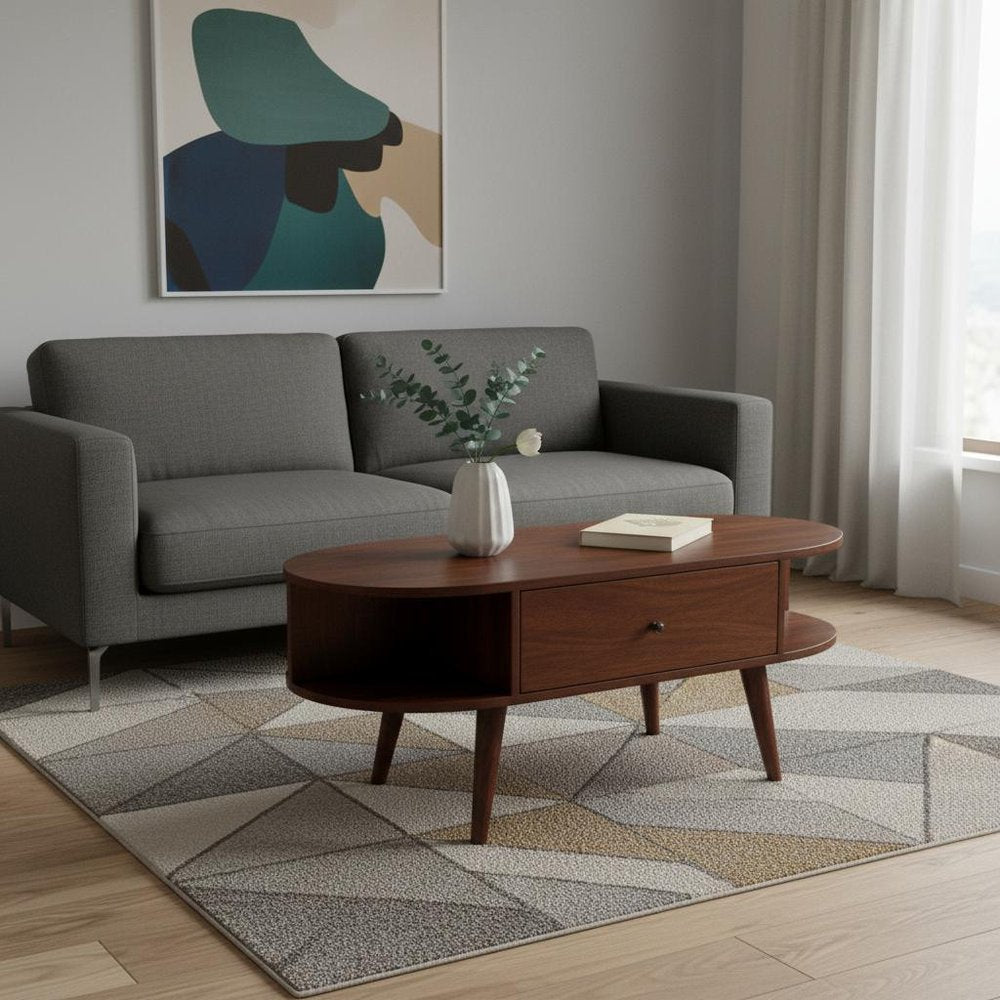 43" Chestnut Solid Wood Oval Coffee Table With Two Drawers And Two Shelves HomeRoots