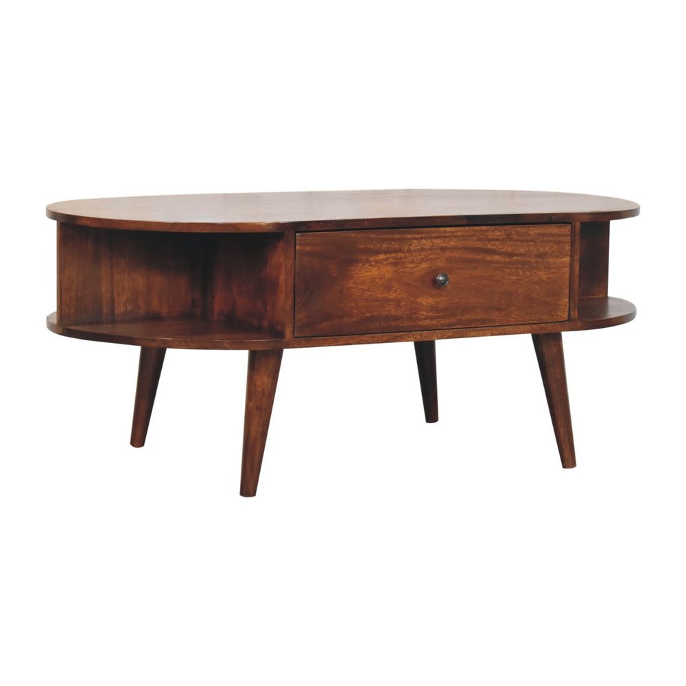 43" Chestnut Solid Wood Oval Coffee Table With Two Drawers And Two Shelves HomeRoots