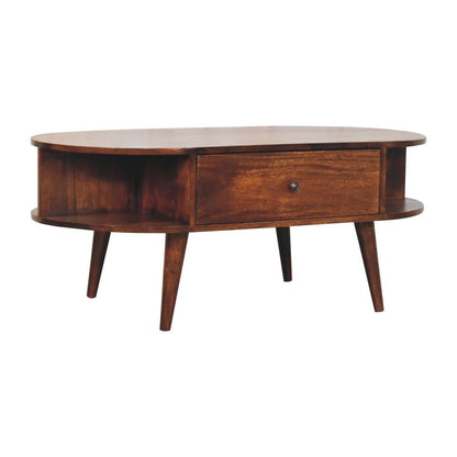 43" Chestnut Solid Wood Oval Coffee Table With Two Drawers And Two Shelves HomeRoots