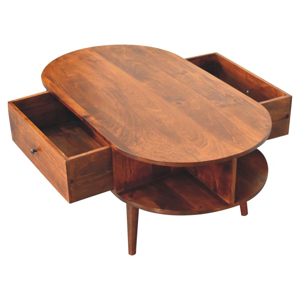 43" Chestnut Solid Wood Oval Coffee Table With Two Drawers And Two Shelves HomeRoots