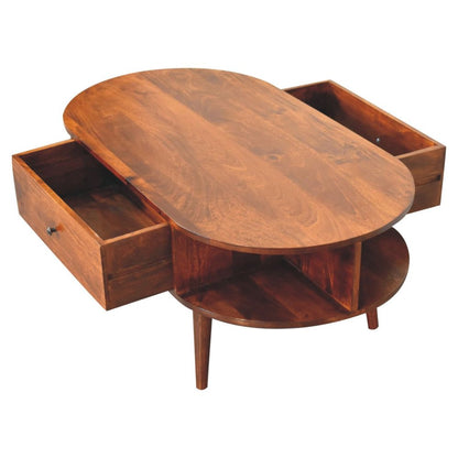 43" Chestnut Solid Wood Oval Coffee Table With Two Drawers And Two Shelves HomeRoots