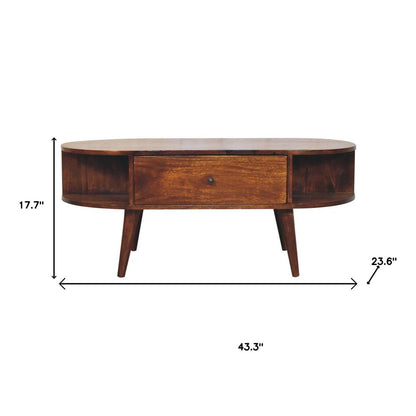 43" Chestnut Solid Wood Oval Coffee Table With Two Drawers And Two Shelves HomeRoots