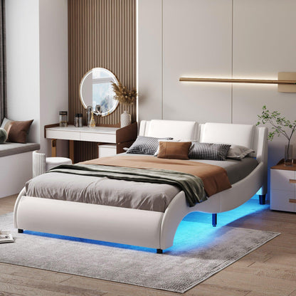 Full Size Upholstered Faux Leather Platform Bed with LED Light Bed Frame with Slatted - White - FurniFindUSA