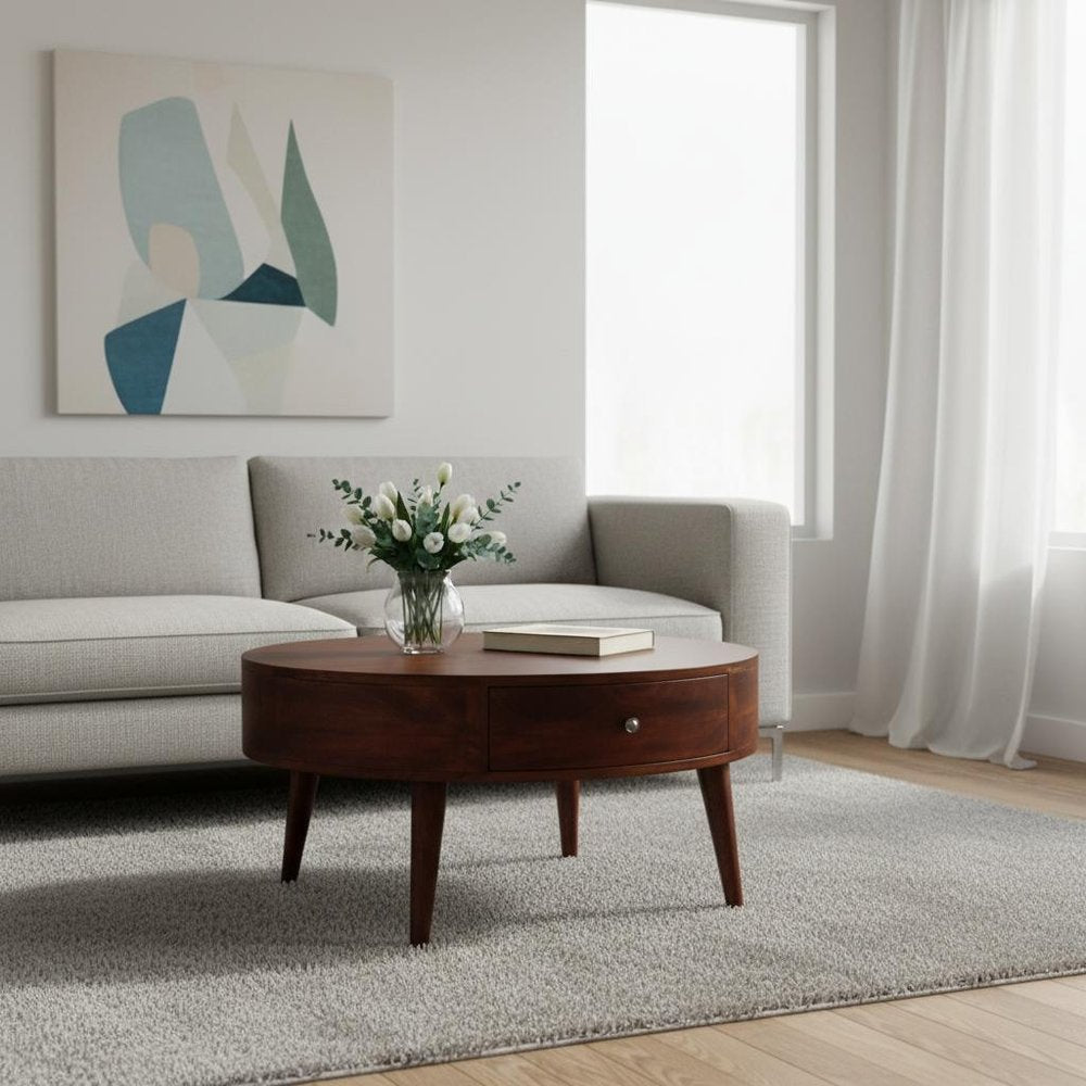 32" Chestnut Solid Wood Round Coffee Table With Two Drawers HomeRoots