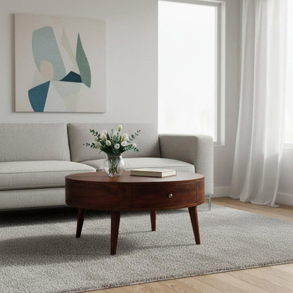 32" Chestnut Solid Wood Round Coffee Table With Two Drawers HomeRoots