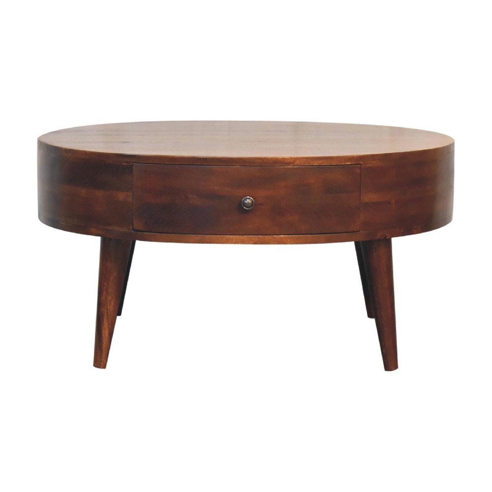 32" Chestnut Solid Wood Round Coffee Table With Two Drawers HomeRoots