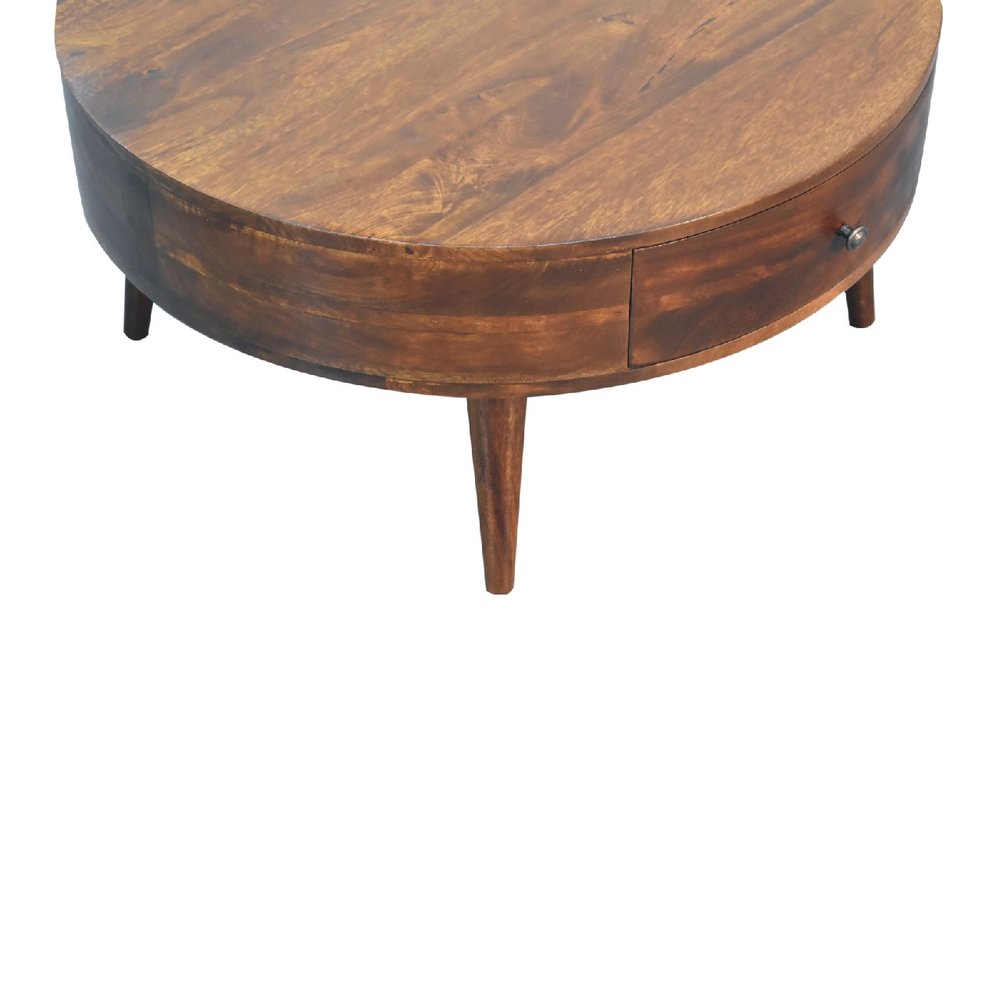 32" Chestnut Solid Wood Round Coffee Table With Two Drawers HomeRoots