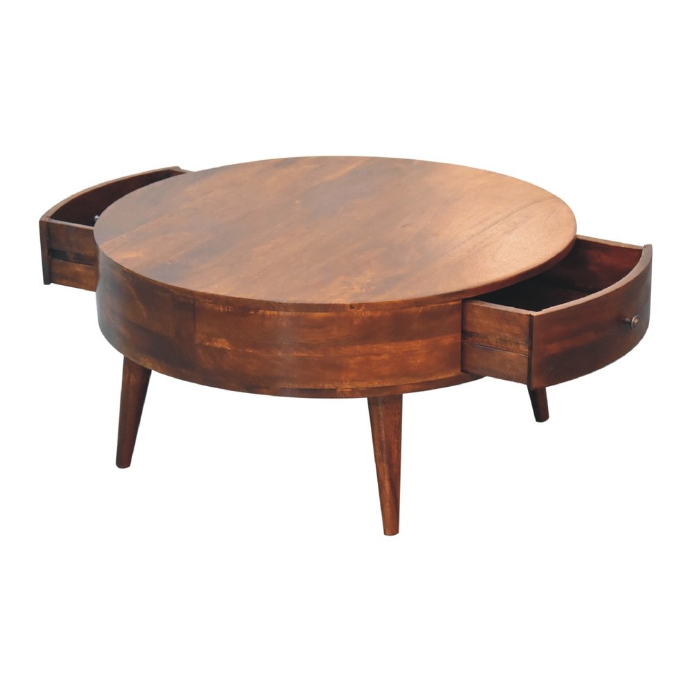 32" Chestnut Solid Wood Round Coffee Table With Two Drawers HomeRoots