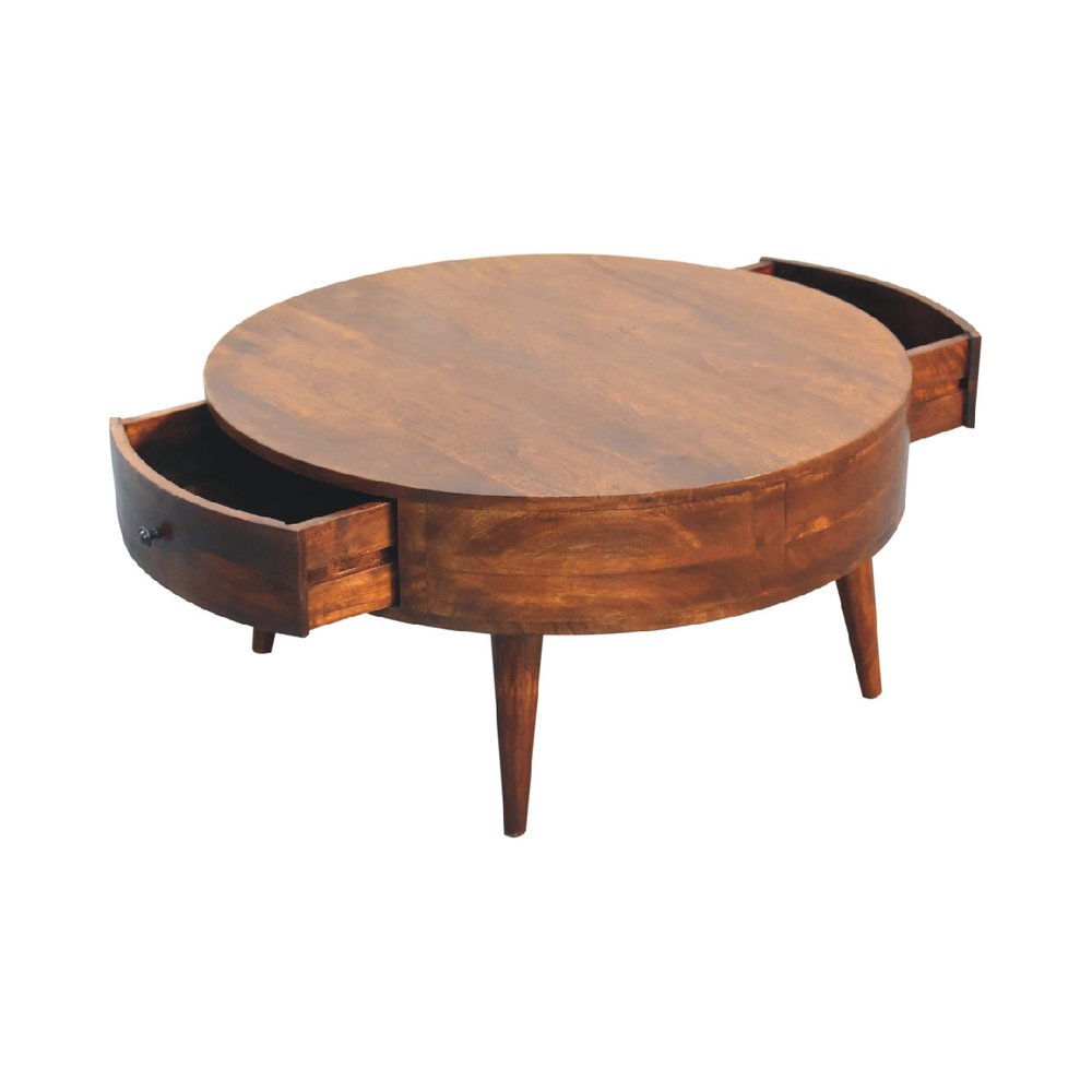 32" Chestnut Solid Wood Round Coffee Table With Two Drawers HomeRoots
