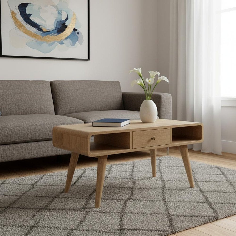 34" Oak Solid Wood Coffee Table With Two Drawers And Two Shelves HomeRoots