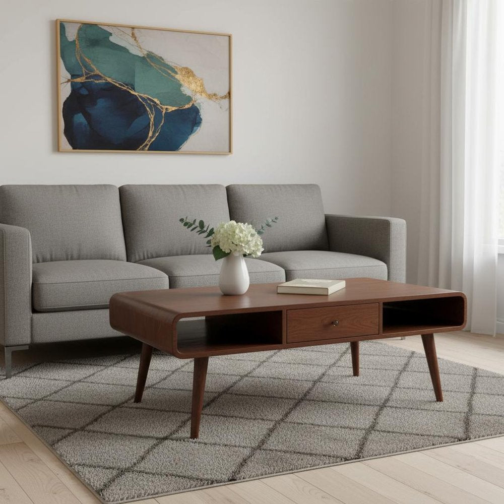 47" Chestnut Solid Wood Coffee Table With Two Drawers And Two Shelves HomeRoots