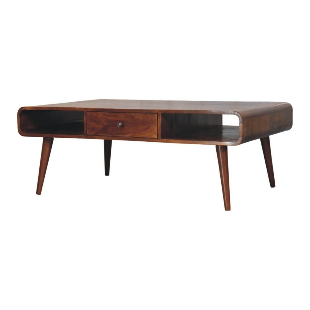 47" Chestnut Solid Wood Coffee Table With Two Drawers And Two Shelves HomeRoots