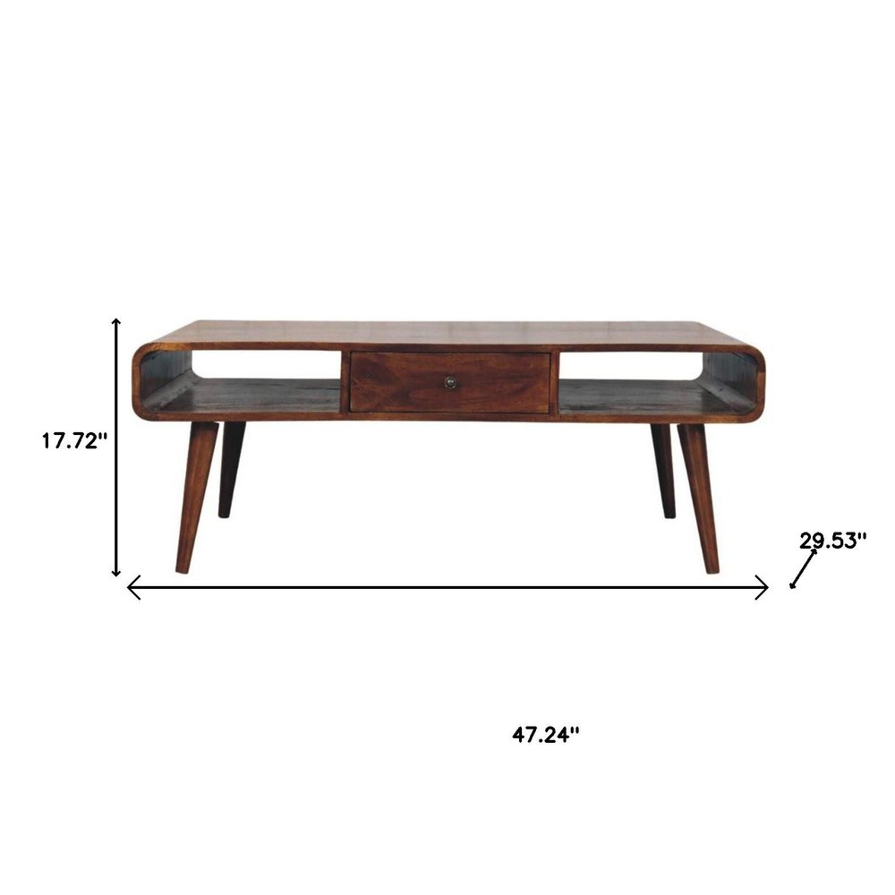47" Chestnut Solid Wood Coffee Table With Two Drawers And Two Shelves HomeRoots