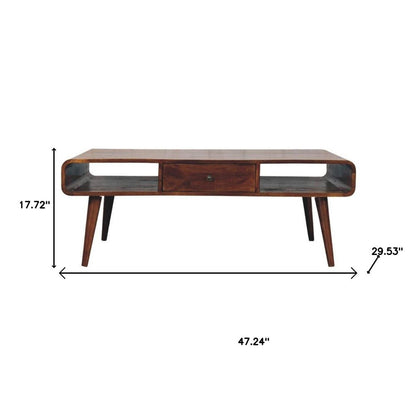 47" Chestnut Solid Wood Coffee Table With Two Drawers And Two Shelves HomeRoots